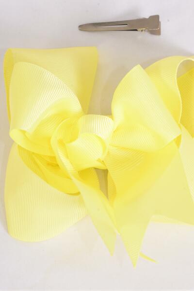 Hair Bow Jumbo Double Layered Baby Yellow Grosgrain Bow-tie / 12 pcs Bow = Dozen Baby Yellow , Alligator Clip , Size - 6" x 5" Wide , Clip Strip & UPC Code