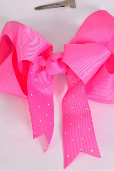 Hair Bow Jumbo Double Layered Hot Pink Grosgrain Bow-tie / 12 pcs Bow = Dozen Hot Pink , Alligator Clip , Size - 6" x 5" Wide , Clip Strip & UPC Code