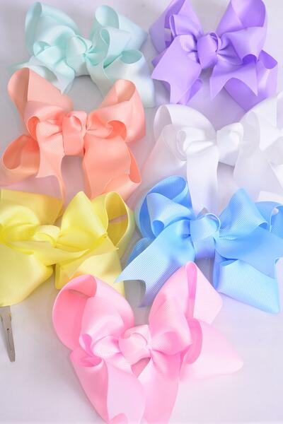 Hair Bow Jumbo Double Layered Pastel Grosgrain Bow-tie Pastel / 12 pcs Bow = Dozen Alligator Clip , Size - 6" x 5" Wide , 2 White , 2 Yellow , 2 Blue , 2 Pink , 2 Lavender , 1 Hot Pink , 1 Mint Green Asst , Clip Strip and UPC Code