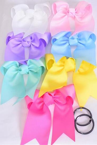 Hair Bow Extra Jumbo Long Tail Cheer Type Bow Pastel Elastic Grosgrain Bow-tie / 12 pcs Bow = Dozen Pastel , Elastic , Size - 6.5" x 6" Wide , 2 White , 2 Pink , 2 Lavender , 2 Hot Pink , 2 Mint Green , 1 Blue , 1 Yellow Color Mix .