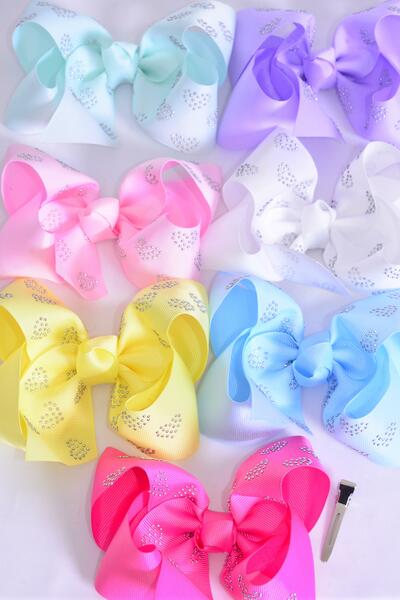 Hair Bow Jumbo Heart Studded Grosgrain Bow-tie Pastel / 12 pcs Bow Dozen Alligator Clip , Size - 6"x 5" Wide , 2 White , 2 Pink , 1 Blue , 1 Yellow , 2 Lavender , 2 Hot Pink , 2 Mint Green Color Asst , Clip Strip & UPC Code