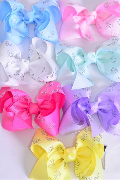 Hair Bow Jumbo Hearts Studded Grosgrain Bow-tie Pastel / 12 pcs Bow = Dozen Alligator Clip , Size - 6" x 5" Wide , 2 White , 2 Pink , 1 Blue , 1 Yellow , 2 Lavender , 2 Hot Pink , 2 Mint Color Asst , Clip Strip & UPC Code