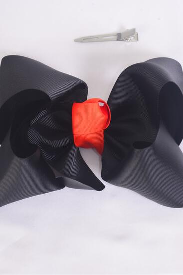 Hair Bow Extra Jumbo Cheer Type Bow Black w Orange Knot Grosgrain Bow-tie / 12 pcs Bow = Dozen Black , Alligator Clip , Size - 8"x 7" Wide ,  Clip Strip & UPC Code