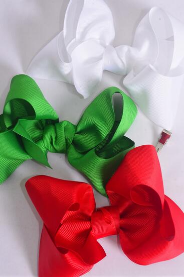 Hair Bow Jumbo Christmas Red White Green Mix Grosgrain Bow-tie / 12 pcs Bow = Dozen Alligator Clip , Size - 6" x 5" Wide , 4 Red , 4 White , 4 Green Color Asst , Hang Tag & UPC Code