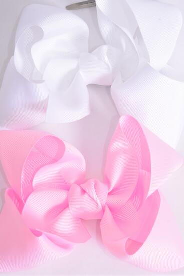 Hair Bow Jumbo Hot Pink White color Mix Grosgrain Bow-tie / 12 pcs Bow = Dozen Alligator Clip , Size - 6" x 5" Wide , 6 Hot Pink , 6 White Color Asst , Clip Strip & UPC Code