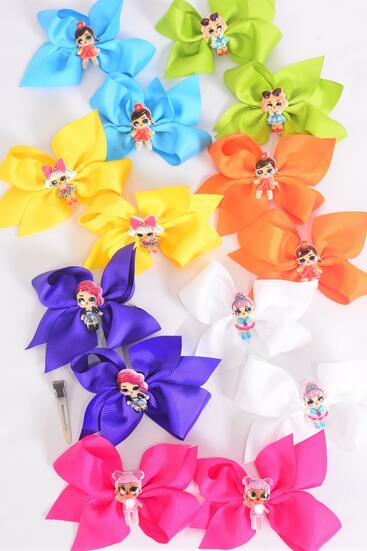 Hair Bow 24 pcs Cute LOL Doll Charms Citrus Grosgrain Bow-tie / 24 pcs = Dozen Citrus ,Alligator Clip , Size - 4"x 3" Wide , 2 Fuchsia , 2 Blue , 2 Yellow , 2 Purple , 2 White , 1 Lime , 1 Orange Color Mix , Clip Strip & UPC Code