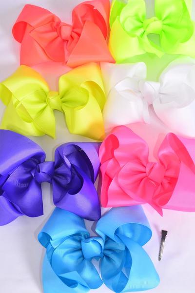 Hair Bow Jumbo Caribbean Neon Grosgrain Bow-tie / 12 pcs Bow = Dozen Alligator Clip , Size - 6" x 5" Wide , 2 White ,2 Pink , 2 Turquoise , 2 Purple , 2 Orange , 1 Yellow , 1 Lime Color Mix , Clip Strip & UPC Code.