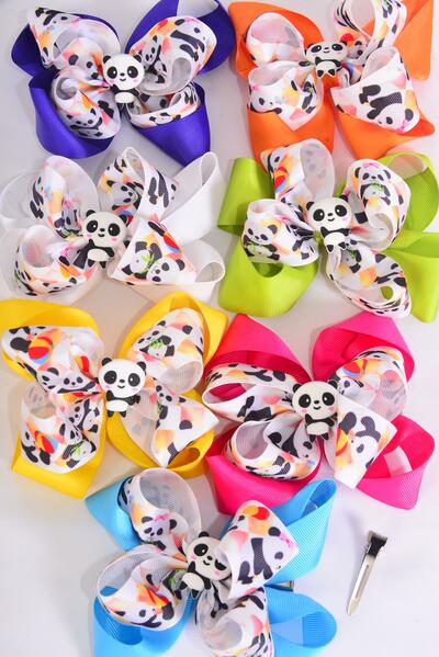 Hair Bow Jumbo Double Layered Center Panda Bear Charm Grosgrain Bow-tie Citrus / 12 pcs Bow = Dozen Alligator Clip , Size - 6" x 5" Wide , 2 White , 2 Fuchsia , 2 Purple , 2 Yellow , 2 Blue , 1 Lime , 1 Orange Color Asst , Clip Strip & UPC Code