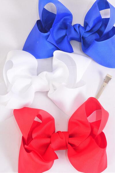 Hair Bow Jumbo Red White Royal Blue Mix Grosgrain Bow-tie / 12 pcs Bow = Dozen Alligator Clip , Size - 6" x 5" Wide , 4 of each Pattern Asst , Clip Strip & UPC Code