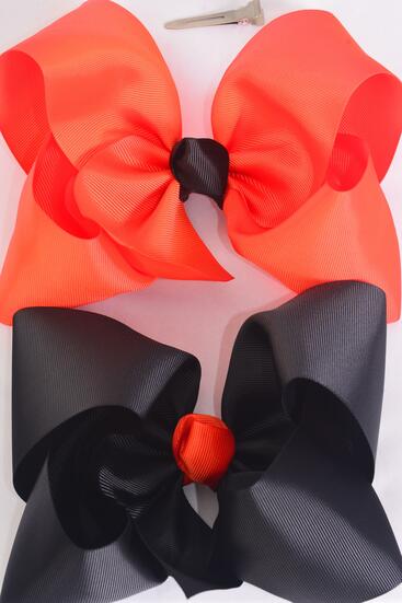 Hair Bow Extra Jumbo Cheer Type Bow Black Orange Mix Grosgrain Bow-tie / 12 pcs Bow = Dozen Alligator Clip , Size - 8" x 7" Wide ,  6 Black , 6 Autumn Orange Mix , Clip Strip & UPC Code