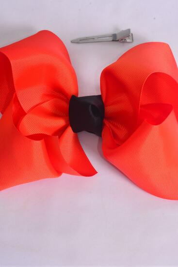 Hair Bow Extra Jumbo Cheer Type Bow Orange w Black Knot Grosgrain Bow-tie / 12 pcs Bow = Dozen  Orange , Alligator Clip , Size - 8" x 7" Wide , Clip Strip & UPC Code