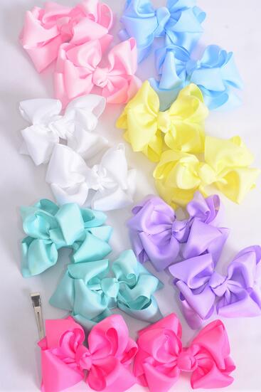 Hair Bows 24 pcs Double Layered Bowtie Pastel Grosgrain Bow-tie / 24 pcs Bow = Dozen  Alligator Clip , Size - 3" x 2" Wide , 2 White, 2 Pink, 2 Yellow, 2 Lavender, 2 Blue, 1 Hot Pink, 1 Mint Green Color Mix,Clip Strip & UPC Code