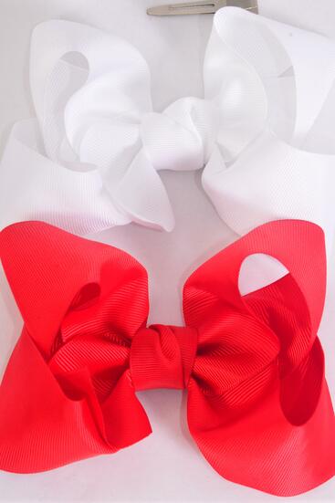 Hair Bow Jumbo Red White Mix Grosgrain Bow-tie / 12 pcs Bow = Dozen Alligator Clip , Size - 6" x 5" Wide , 6 Red , 6 white Color Asst , Clip Strip & UPC Code