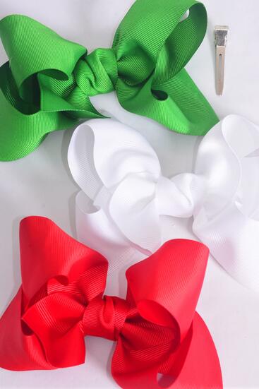 Hair Bow Jumbo Xmas Red White Green Mix Grosgrain Bow-tie / 12 pcs Bow = Dozen Alligator Clip , Size - 6" x 5" Wide , 4 of each Pattern Asst , Hang Tag & UPC Code