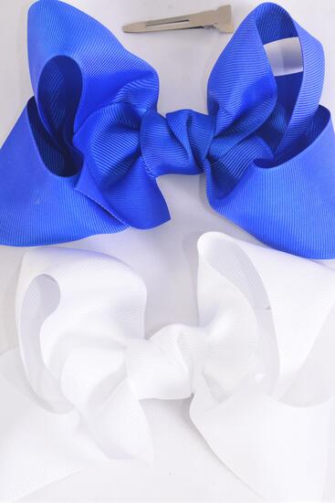 Hair Bow Jumbo Royal Blue White Mix Grosgrain Bow-tie / 12 pcs Bow = Doze Alligator Clip , Size - 6" x 5" Wide ,  6 Royal Blue , 6 White Color Asst , Clip Strip & UPC Code