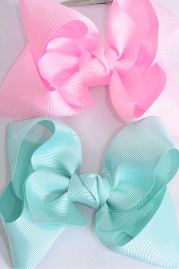 Hair Bow Jumbo Baby Pink Aqua Mix Grosgrain Bow-tie / 12 pcs Bow = Dozen Alligator Clip , Size - 6" x 5" Wide , 6 Baby Pink , 6 Aqua Color Asst , Clip Strip & UPC Code