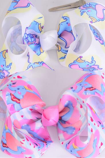 Hair Bow Jumbo Cute Baby Elephant Grosgrain Bow-tie / 12 pcs Bow = Dozen Alligator Clip , Size - 6" x 5" Wide , 6 of each Pattern Asst , Clip Strip & UPC Code