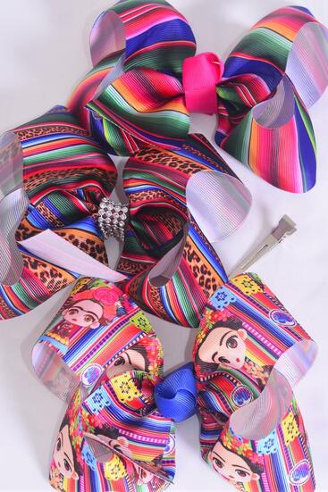 Hair Bow Jumbo Serape Artist Pattern Mix Grosgrain Bown-tie / 12 pcs Bow = Dozen Alligator Clip , Size - 6" x 5" Wide , 4 Of Each Pattern Asst , Clip Strip & UPC Code