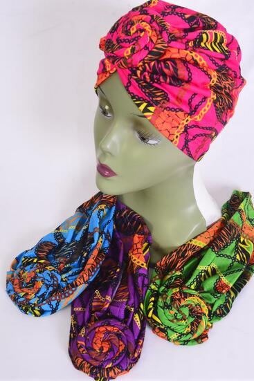 Turban Headwrap Cotton Stretch Ethnic / 12 pcs = Dozen  Multi , 3 Of each Pattern Asst , Wrinkle Free , Super Comfort , Hang Tag & UPC Code