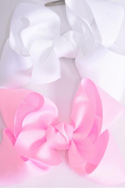 Hair Bow Jumbo Baby Pink White Mix Grosgrain Bow-tie / 12 pcs Bow = Dozen Alligator Clip , Size - 6" x 5" Wide , 6 Baby Pink , 6 White Color Asst , Clip Strip & UPC Code