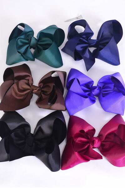 Hair Bow Jumbo Dark Muti Grosgrain Bow-tie / 12 pcs Bow = Dozen Alligator Clip , Size - 6" x 5" Wide , 2 Black , 2 Brown , 2 Navy , 2 Burgundy , 2 Purple ,1 Green,1 Gray Color Asst , Clip Strip & UPC Code