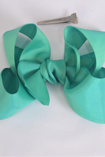 Hair Bow Jumbo Caribbean Green Grosgrain Bow-tie / 12 pcs Bow = Dozen Caribbean Green , Alligator Clip , Size - 6" x 5" Wide , Clip Strip & UPC Code