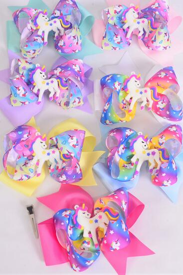 Hair Bow Jumbo Double Layered Unicorn Charm Grosgrain Bow-tie Pastel / 12 pcs Bow = Dozen Alligator Clip , Size - 6" x 5" Wide , 2 White , 2 Baby Pink , 2 Lavender , 2 Hot Pink , 2 Mint , 1 Blue , 1 Yellow Color Asst , Clip Strip & UPC Code