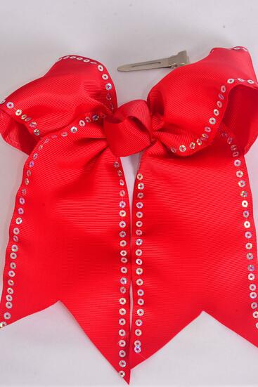 Hair Bow Extra Jumbo Long Tail Cheer Bow Type Sequin Trim Grosgrain Bow-tie Red / 12 pcs Bow = Dozen Red , Alligator Clip , Size - 6.5" x 6" Wide , 4 of each Color Asst , Clip Strip & UPC Code