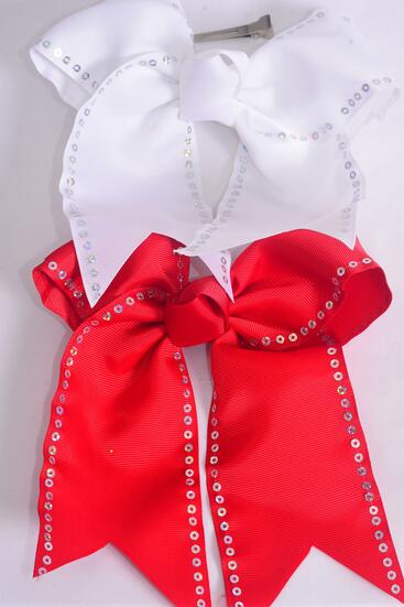 Hair Bow Extra Jumbo Long Tail Cheer Type Bow Sequin Red White Mix Grosgrain Bow-tie / 12 pcs Bow = Dozen Alligator Clip , Size - 6.5" x 6" Wide , 6 Red , 6 White Asst , Clip Strip & UPC Code