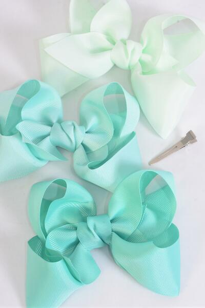 Hair Bow Jumbo Mint Green Mix Grosgrain Bow-tie / 12 pcs Bow = Dozen Mint Green Mix , Alligator Clip , Size - 6" x 5" Wide , 4 Tropic , 4 Aqua , 4 Mintgreen Asst , Clip Strip and UPC Code