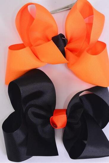 Hair Bow Large Black Orange Mix Grosgrain Bow-tie / 12 pcs Bow = Dozen   Alligator Clip , Bow - 5" x 4" Wide , 6 Autumn Orange , 6 Black Color Mix , Clip Strip & UPC Code