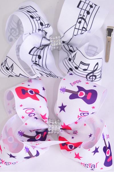 Hair Bow Jumbo Rock Star & Music Note Grosgrain Bow-tie / 12 pcs = Dozen  Alligator Clip , Size - 6" x 5" Wide , 6 Of Each Pattern Asst , Clip Strip & UPC Code