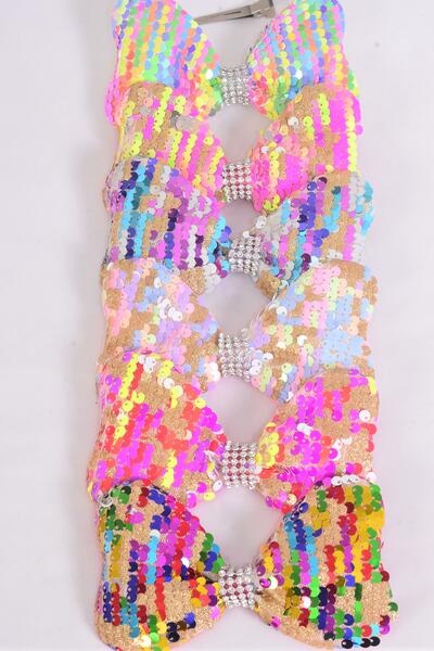 Hair Bow Sequin Iridescent Center Clear Stones Multi / 12 pcs Bow = Dozen Multi , Alligator Clip , Size - 6" x 4" Wide , 2 Of each Pattern Mix , Clip Strip & UPC Code