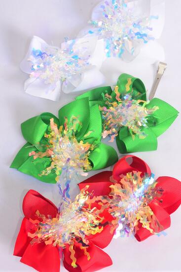 Hair Bow 24 pcs XMAS Center Iridescent Grosgrain Bow-tie / 24 pcs Bow = Dozen  Alligator Clip , Size - 4" x 3" Wide , 4 Red , 4 White , 4 Green Mix , Clip Strip & UPC Code , 24 pcs per Clip Strip