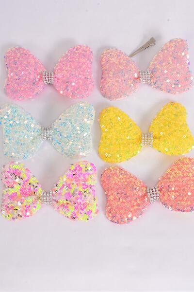 Hair Bow Sequin Iridescent Center Clear Stones Pastel / 12 pcs Bow = Dozen Pastel , Alligator Clip , Size - 6" x 4" Wide , 2 of each Color Asst , Clip Strip & UPC Code