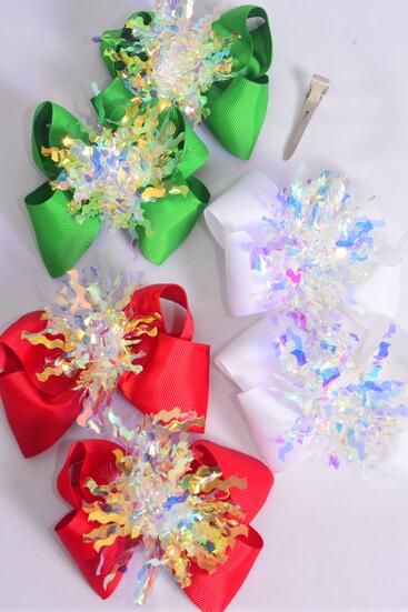 Hair Bow 24 pcs XMAS Center Iridescent Grosgrain Bow-tie / 12 pair Bow = Dozen Christmas , Alligator Clip , Size - 4" x 3" Wide , 4 Red , 4 White , 4 Green Mix , Clip Strip & UPC Code,24 pcs per Clip Strip