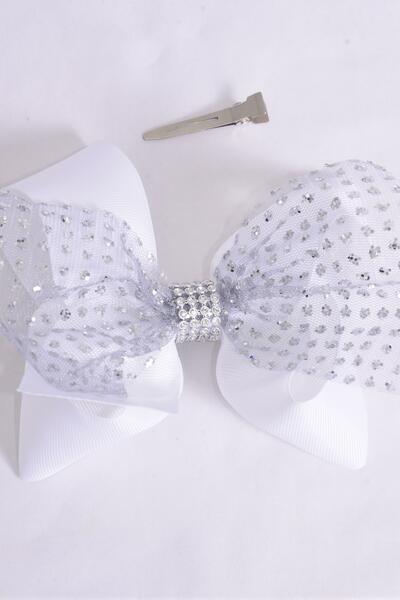 Hair Bow Jumbo Double Layered Mesh Silver Glitter Grosgrain Bow-tie White / 12 pcs Bow = Dozen White , Alligator Clip , Size - 6" x 5" Wide , Clip Strip & UPC Code