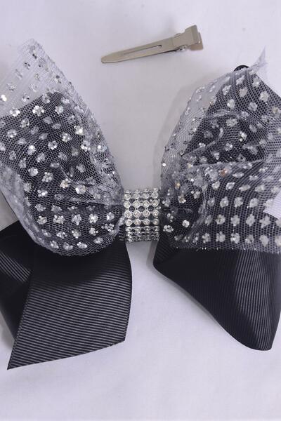 Hair Bow Jumbo Double Layered Mesh Silver Glitter Grosgrain Bow-tie Black / 12 pcs Bow = Dozen Black , Alligator Clip , Size - 6" x 5" Wide , Clip Strip & UPC Code