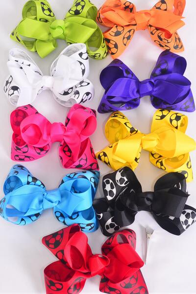 Hair Bow Jumbo Double Layered Scoccer Sport Grograin Bowtie Multi / 12 pcs Bow = Dozen Alligator Clip , Size - 6" x 5" , 2 White , 2 Bk , 2 Fuchsia , 1 Yellow , 1 Red , 1 Blue , 1 Purple , 1 Lime , 1 Orange Mix , Clip Strip & UPC Code