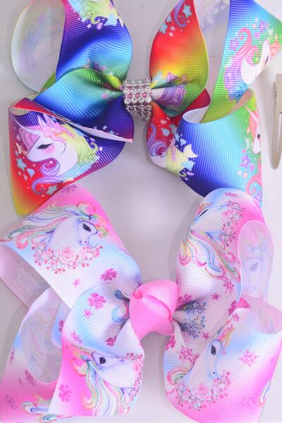 Hair Bow Jumbo Anime Cartoon Unicorn Gradient Grosgrain Bow-tie / 12 pcs Bow = Dozen Unicorn , Alligator Clip , Size - 6" x 5"Wide , 6 Of each Pattern Asst , Clip Strip & UPC Code