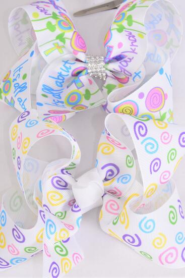 Hair Bow Jumbo Jesus Loves Me Spiral Flower Mix Hair Bow Grosgrain Bow-tie / 12 pcs Bow = Dozen   Jesus , Alligator Clip , Size - 6" x 5" Wide , 6 Of Each Pattern Asst , Clip Strip and UPC Code