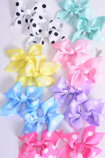 Hair Bow 24 pcs Polka-dots Pastel Grosgrain Bow-tie / 24 pcs Bow = Dozen  Alligator Clip , Size - 4" x 3" Wide , 2 White , 2 Pink , 2 Yellow , 2 Lavender , 2 Blue , 1 Hot Pink , 1 Mint Color Mix ,Clip Strip & UPC Code