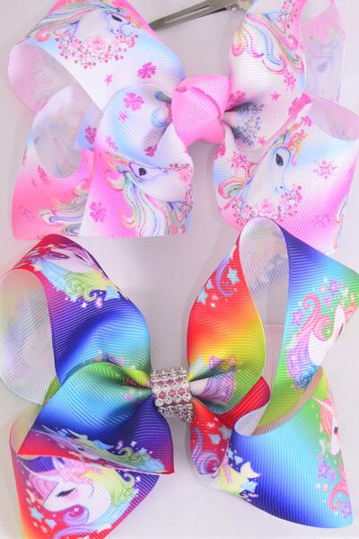 Hair Bow Jumbo Anime Cartoon Unicorn Gradient Grosgrain Bow-tie / 12 pcs Bow = Dozen Unicorn , Alligator Clip , Size - 6" x 5"Wide , 6 Of each Pattern Asst , Clip Strip & UPC Code