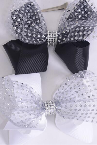 Hair Bow Jumbo Double Layered Mesh Silver Glitter Grosgrain Bow-tie Black White Color Mix / 12 pcs Bow = Dozen  Alligator Clip , Size - 6" x 5" Wide , 6 Black , 6 White Color Asst , Clip Strip & UPC Code