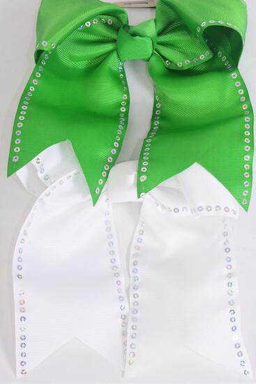 Hair Bow Extra Jumbo Long Tail Cheer Type Bow Sequin Green White Mix Grosgrain Bow-tie / 12 pcs Bow = Dozen Alligator Clip , Size - 6.5" x 6" Wide , 6 Green , 6 White  Asst , Clip Strip & UPC Code