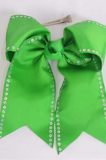 Hair Bow Extra Jumbo Long Tail Cheer Bow Type Sequin Trim Grosgrain Bow-tie Green / 12 pcs Bow = Dozen Green , Alligator Clip , Size - 6.5" x 6" Wide , Clip Strip & UPC Code