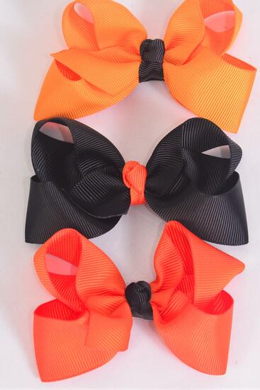 Hair Bow Black Orange Mix Grosgrain Bow-tie / 12 pcs Bow = Dozen Alligator Clip , Bow - 4" x 3" Wide , 4 of each Pattern Asst , Clip Strip & UPC Code