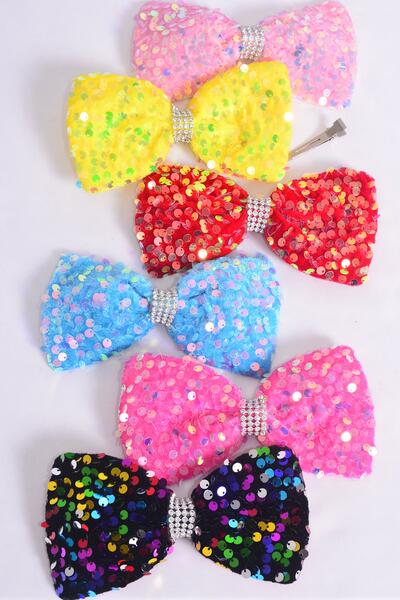 Hair Bow Sequin Iridescent Center Clear Stones Multi / 12 pcs Bow = Dozen  Multi , Alligator Clip , Size - 6" x 4" Wide , 2 Of each Pattern Mix , Clip Strip & UPC Code