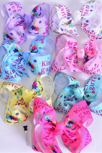 Hair Bow Jumbo Unicorn Kindergarten Pastel Grosgrain Bow-tie / 12 pcs Bow = Dozen  Alligator Clip , Size - 6" x 5", 2 White , 2 Baby Pink , 2 Lavender , 1 Blue , 1 Yellow , 2 Hot Pink , 2 Mint Green Color Asst , Clip Strip & UPC Code