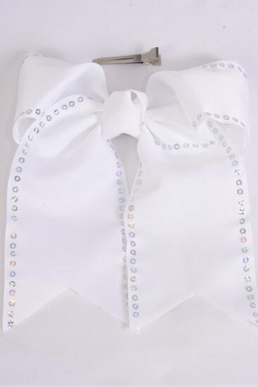 Hair Bow Extra Jumbo Long Tail Cheer Bow Type Sequin Trim Grosgrain Bow-tie White / 12 pcs Bow = Dozen White , Alligator Clip , Size - 6.5" x 6" Wide , Clip Strip & UPC Code